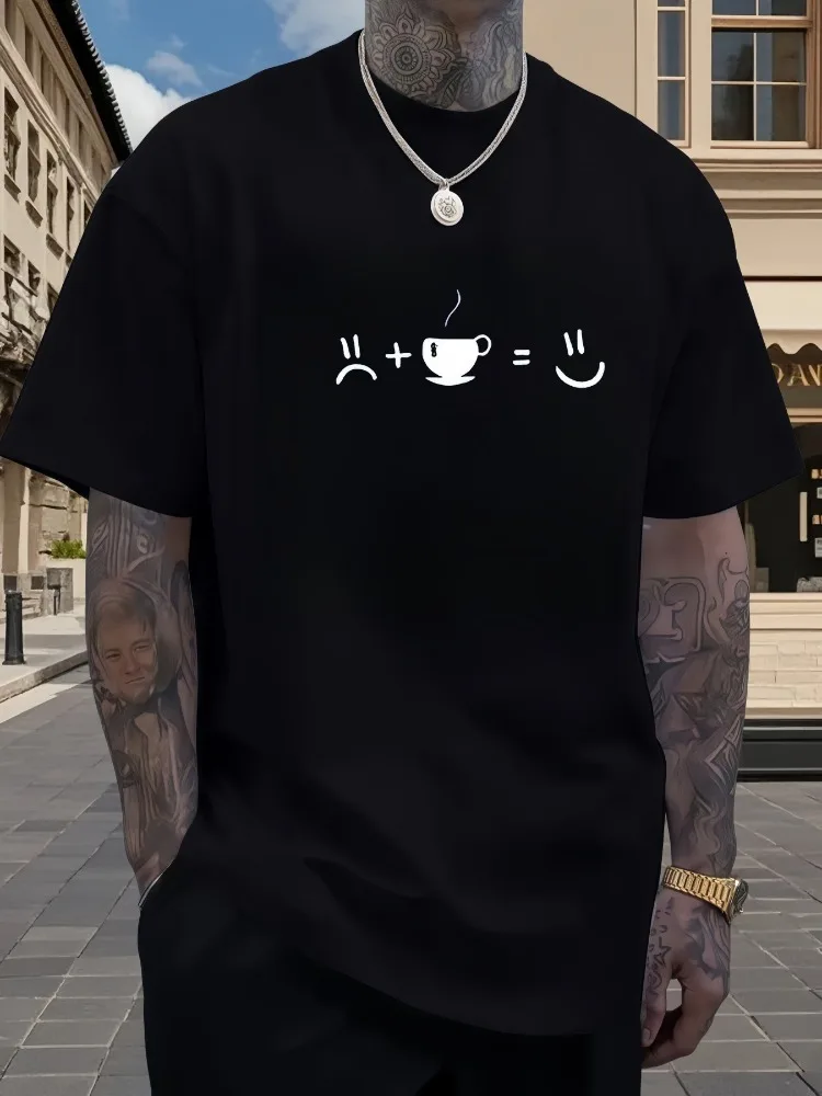 Men Minimalist Crew Neck Short Sleeve Cotton T Shirt Coffee Happy Face Line Graphic Summer Light Daily Casua Soft Streetwear Top