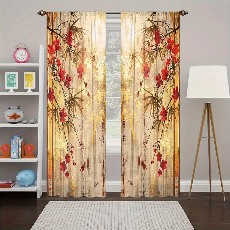 2PCS Vintage Curtains, Red Leaf Bamboo, Digital Print, Bedroom Living Room, Office, Kitchen, Rod Pocket, Window Drapes