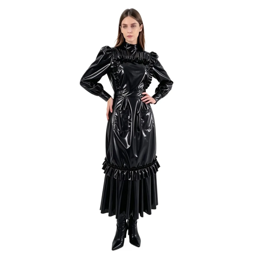 Sissy Glossy PVC Maid Outfit Long Puff Sleeve Ruffle Apron Maxi Dress with Apron Wetlook Uniform Halloween Party Cosplay Costume