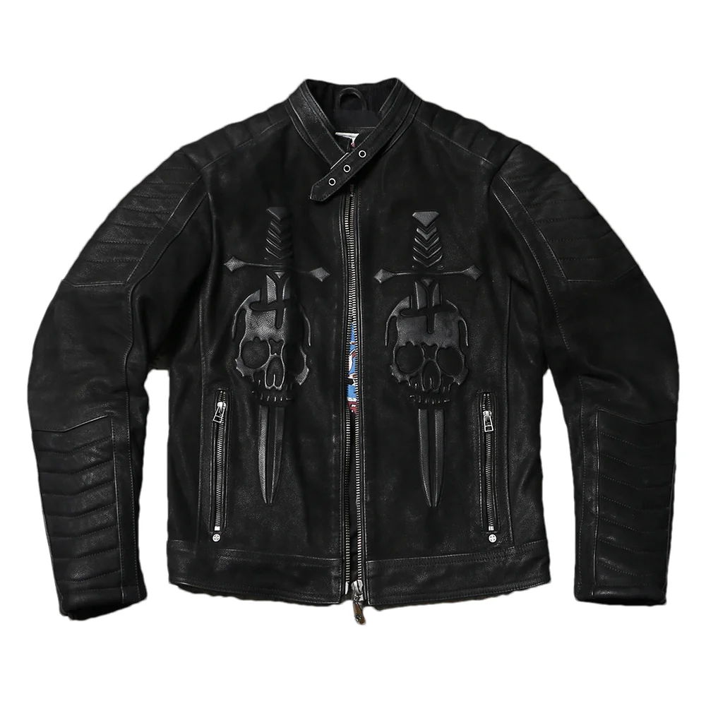 Black Winter Leather Jacket Men Vintage Style Plus Size 5XL Genuine Natural Thick Cowhide Stand Collar Skulls Pattern Coat