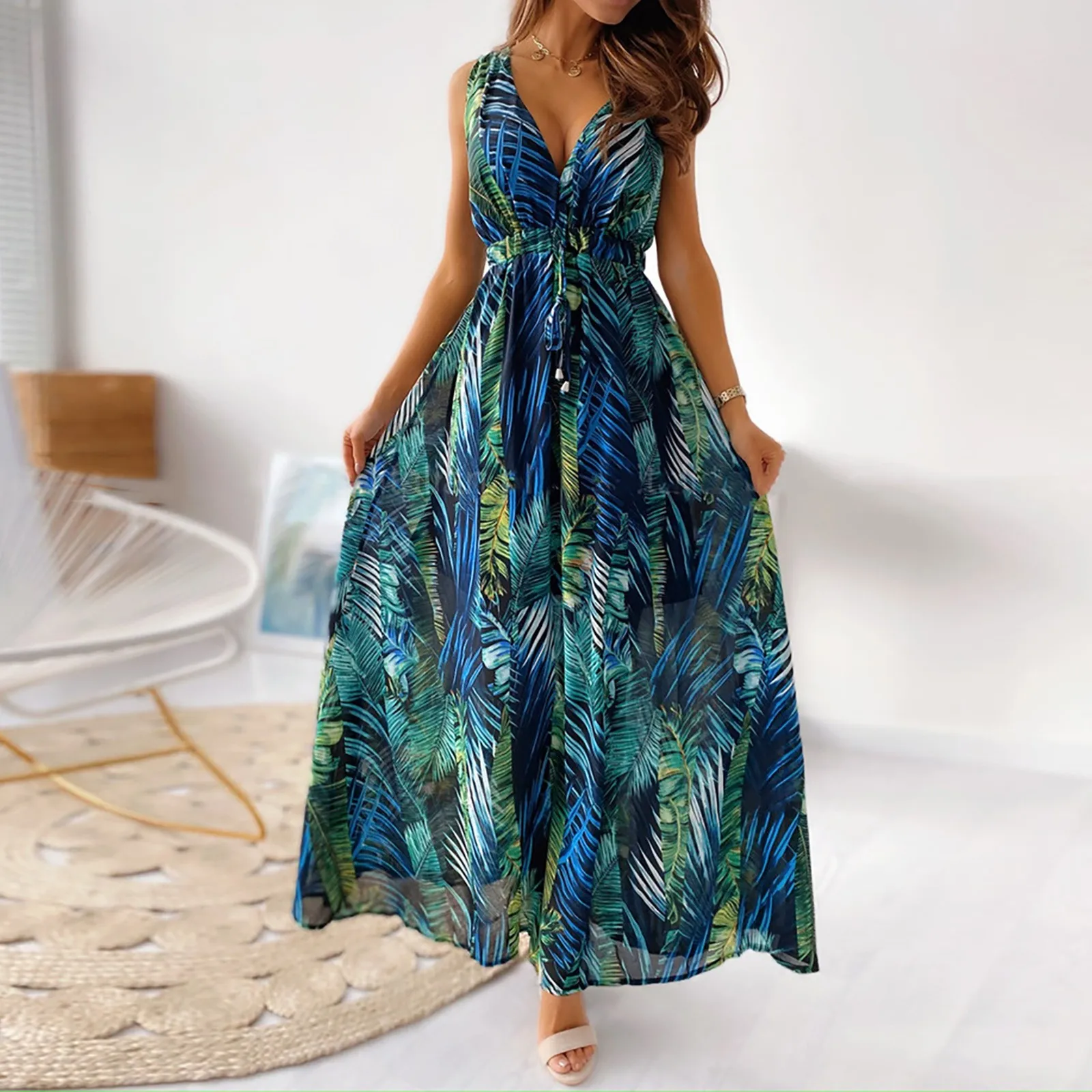 Women\'s Sexy Beach Print V Neck Tie Waist Long Sleeveless Dress Womens Beach Dresses plus Size