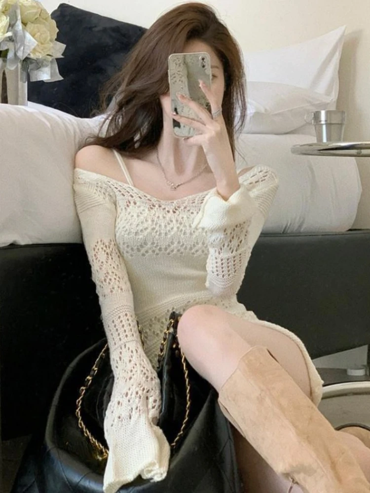 Korean Ins Gentle Elegant Knitted Dress Fashion Women Hollow Out Long Sleeve Dresses Sweet Y2k Slim Waist Tunic Vestido De Mujer