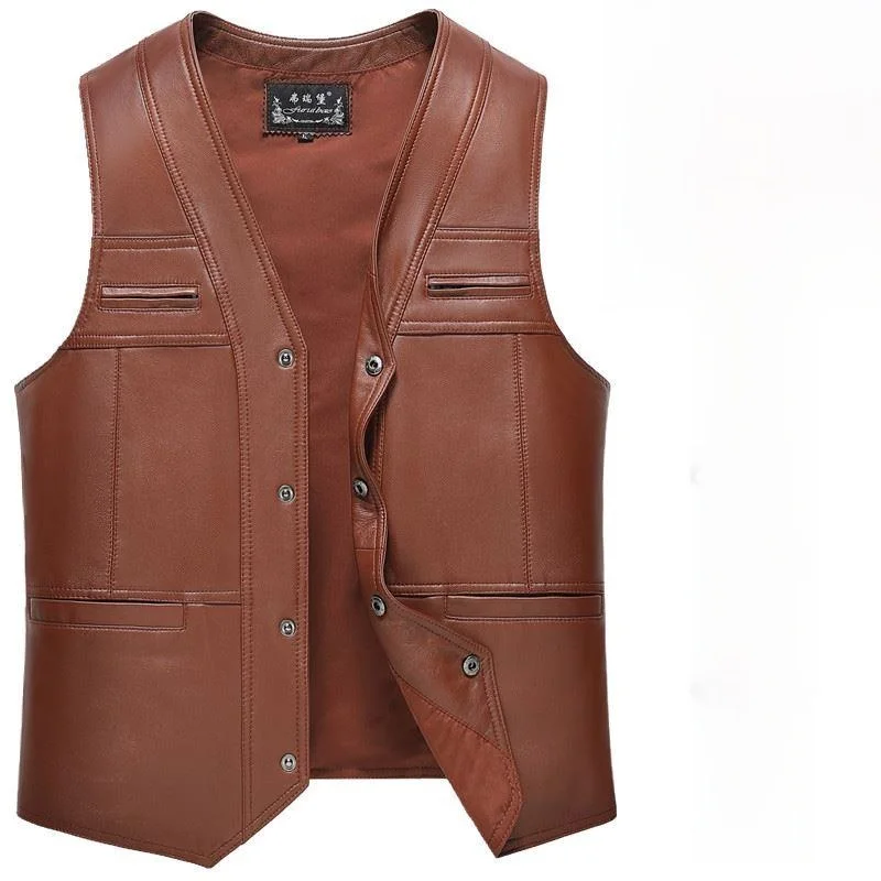 

Real Leather eepskin Vest Men's Casual Dad Sle Jaet Middle-Aged And ly Spring Autumn Leather Vest Busin Casual