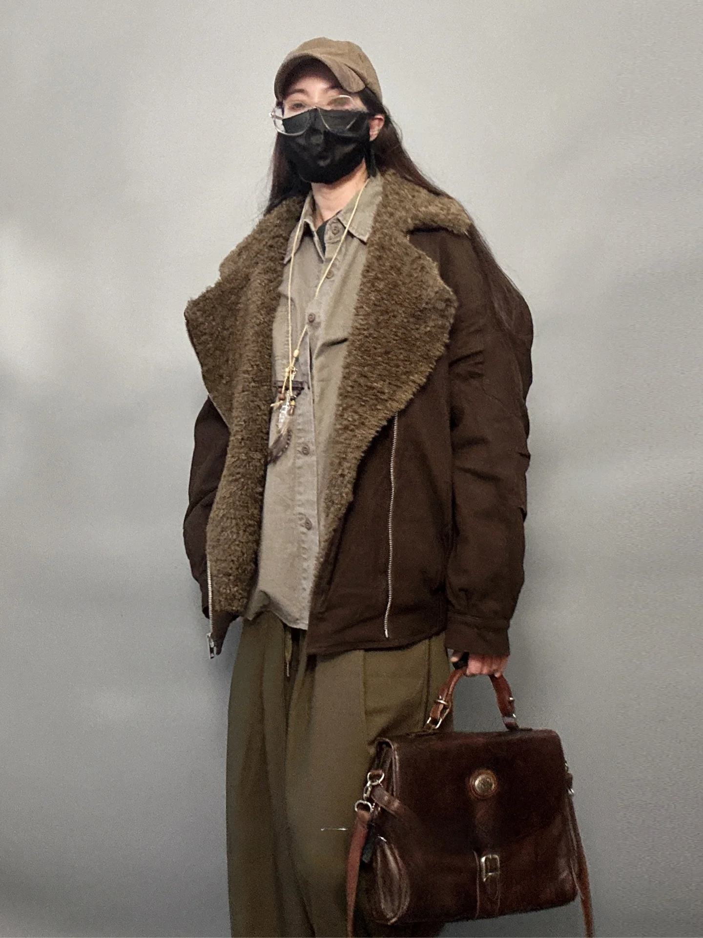 

Rebel ell Retro Large Collar Cotton Jaet Cool ex Leather Fur Inteated Vintage Oblique Zipper Leather Jaet Coat