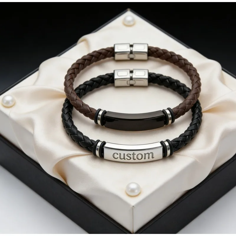 

Laser Customized Personalize Text Vintage Woven Leather Rope Metal Blank Material Couple Bracelet Versatile Bracelet Accessories