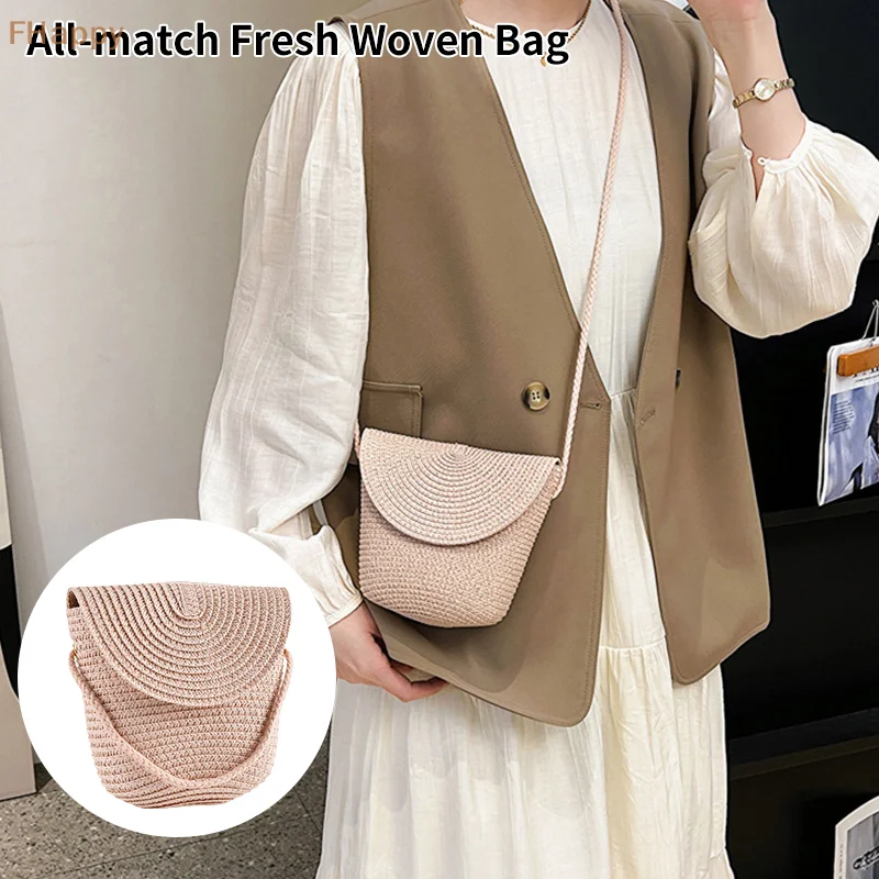 Knit Summer Beach Small Coin Purse USB Wired Headset Mini Bag Key Bag 2024 Woven Straw Bag Handmade Rattan Crossbody Handbags