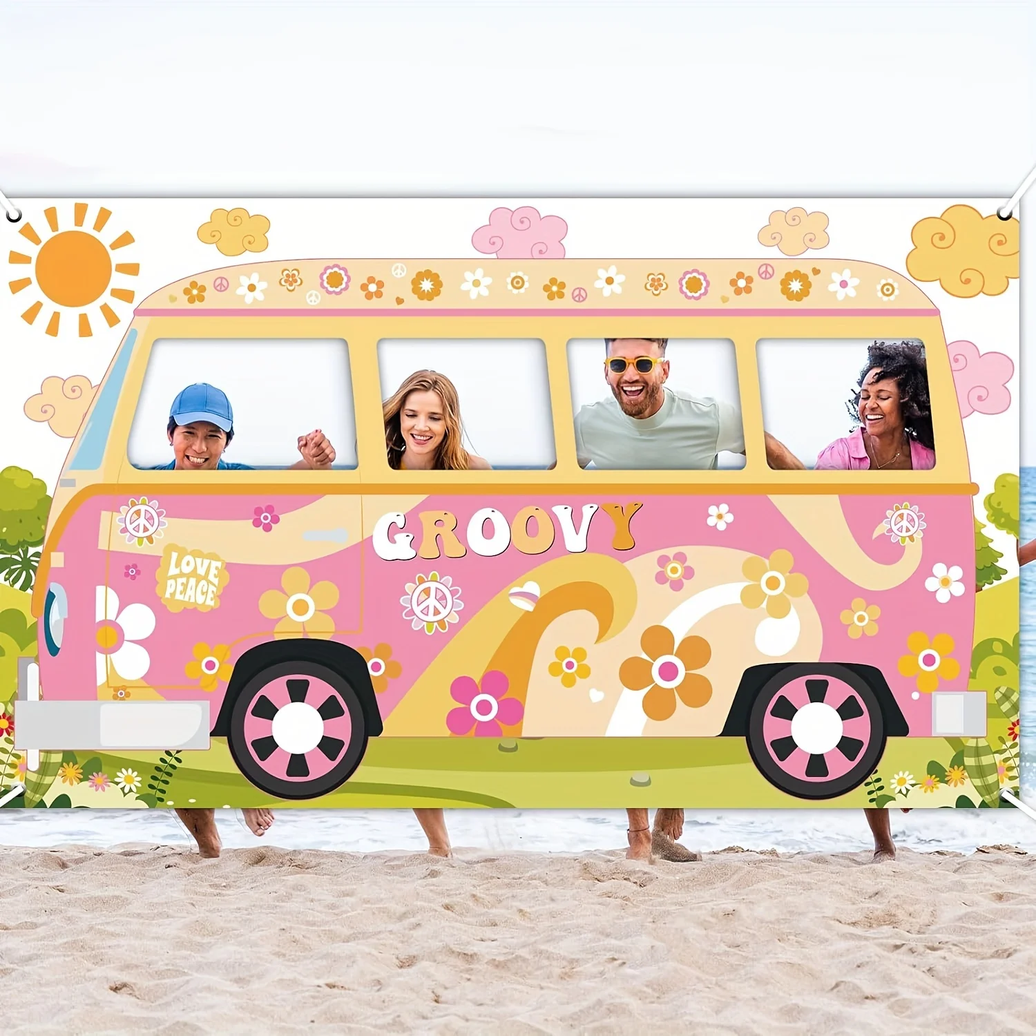 Adereços fotográficos de ônibus hippie, decorações de festa groovy, tecido grande, adereços de van, hippie, selfie, fundo de moldura