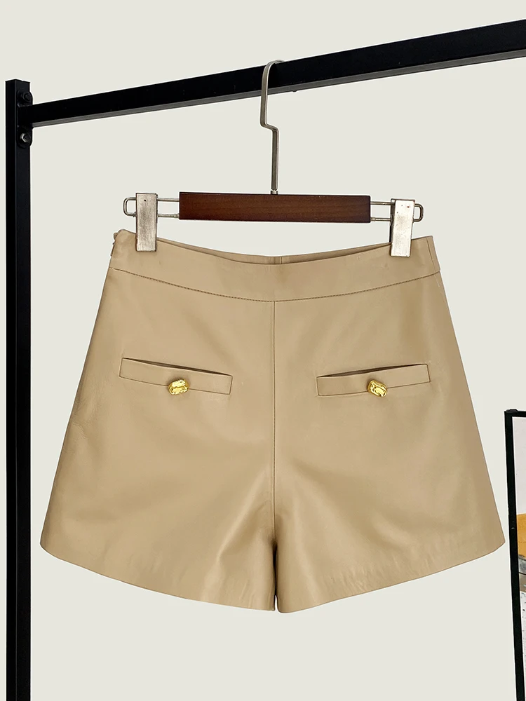 Spring New High Quality Genuine Real Leather Shorts Women's Natural Waist Wide Leg Pants Commuter's All-Matching Sheepskin