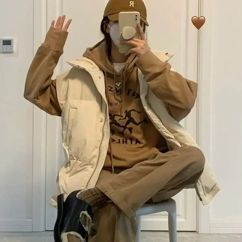 سترات نسائية بدون أكمام وسحاب سترة صوفية صلبة معاطف جيوب فضفاضة ملابس خارجية غير رسمية بياقة واقفة وزر مغطى