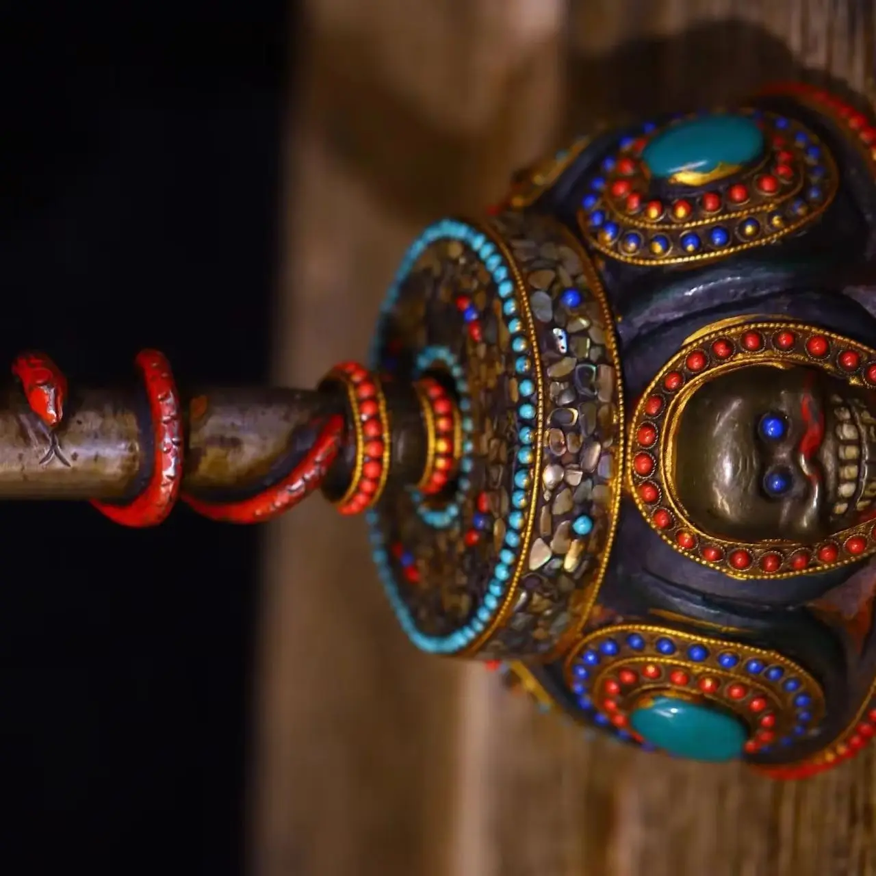 Old Tiantie Painted Mosaic Gem gZi Beads Shell Skull Head Vajra Phurpa Base Amulet Worship Hall