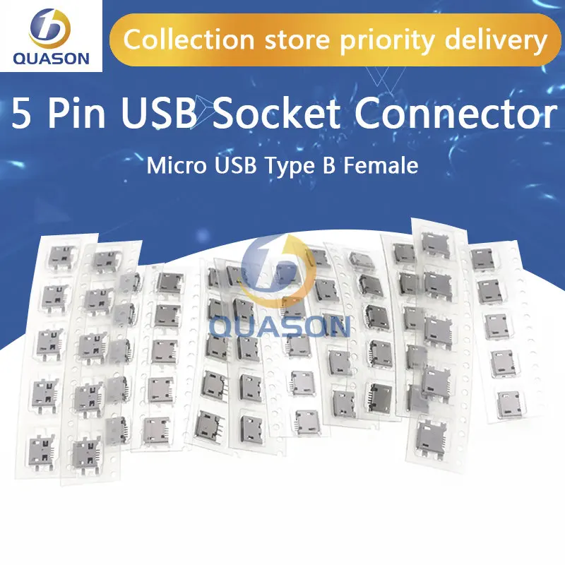 60pcs/lot 5 Pin SMT Socket Connector Micro USB Type B Female Placement 12 Models SMD DIP Socket Connector