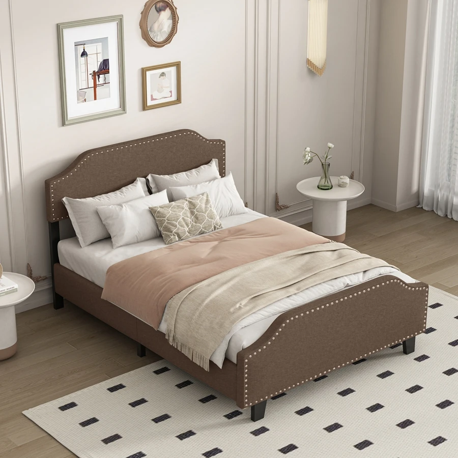 Upholstered Linen Queen Bed Frame, Platform Bed With Curved Headboard And Footboard, Metal Frame With Wooden Board Support, Head