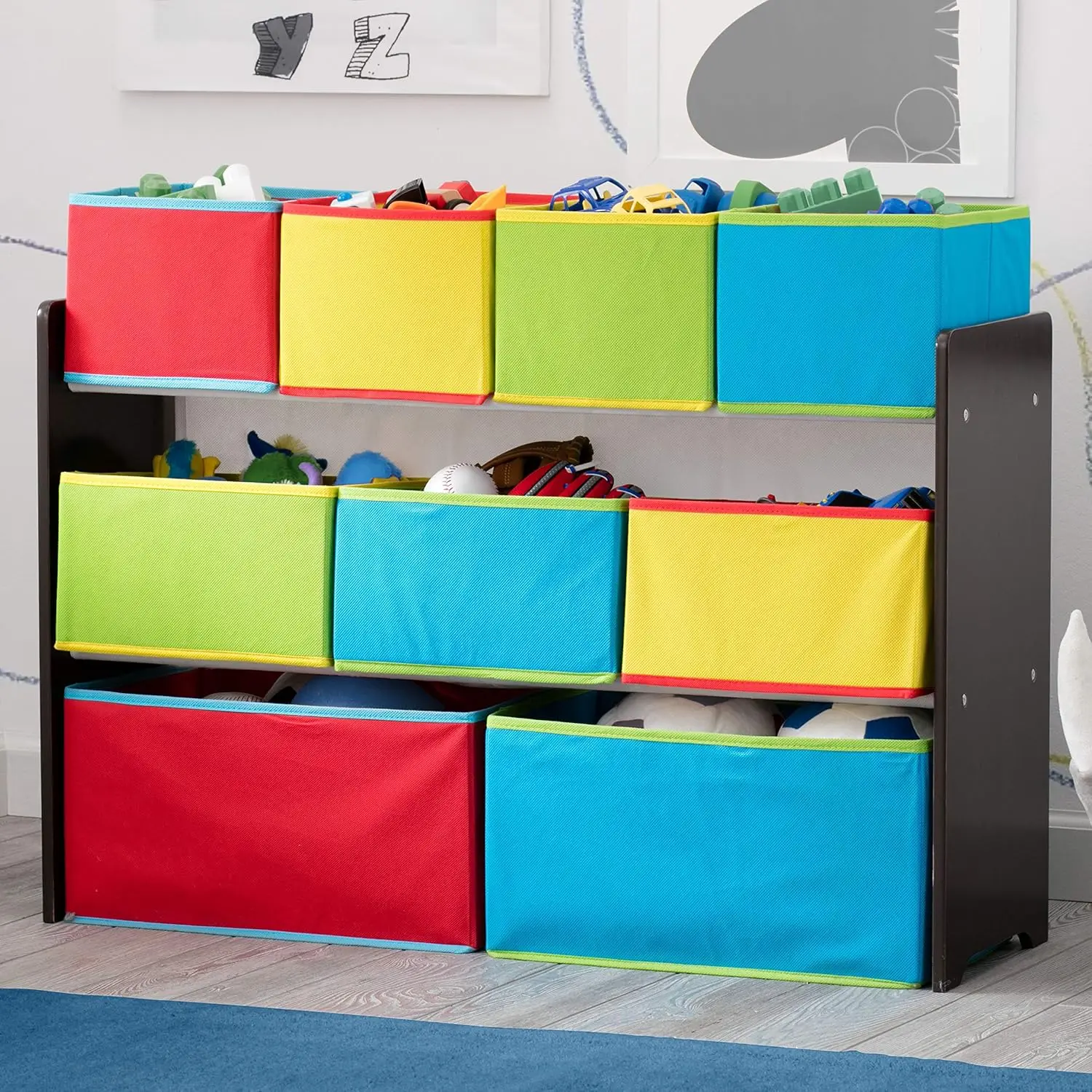 Kids Toy Organizer with Multi-Size Storage Bins, Dark Chocolate & Colorful Design for Ages 3-6