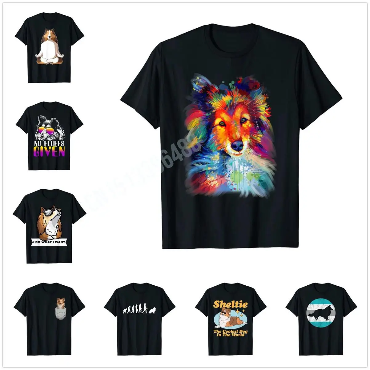 Splash Art Shetland Sheepdog Cute Sheltie T-Shirt 100% Cotton Men Women Hip Hop Dog T Shirts For Gift Size XS-5XL