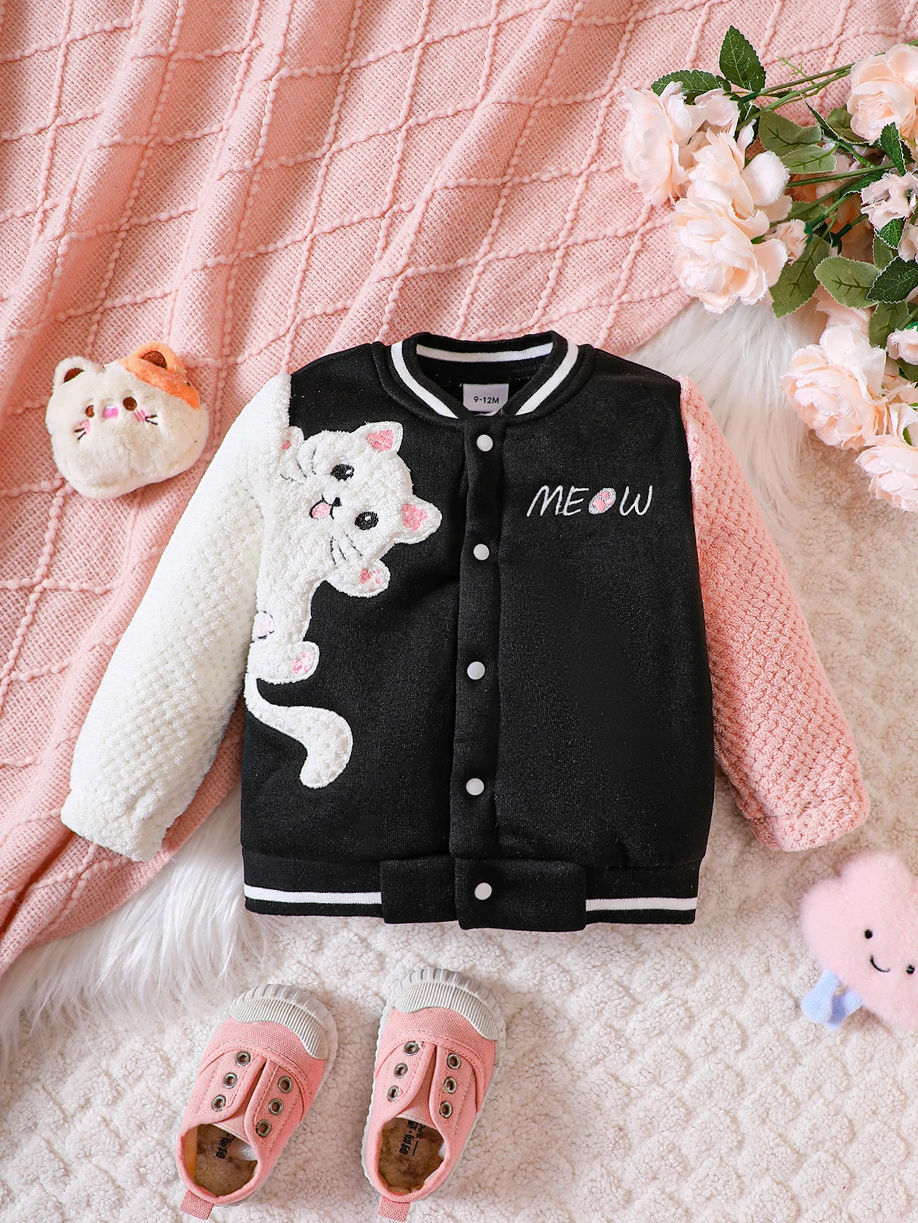 Spring Autumn Girls Coat Spliced Long Sleeved kitten Cat Cartoon Open Button Letter Top Fashionable Warm Infant Toddler