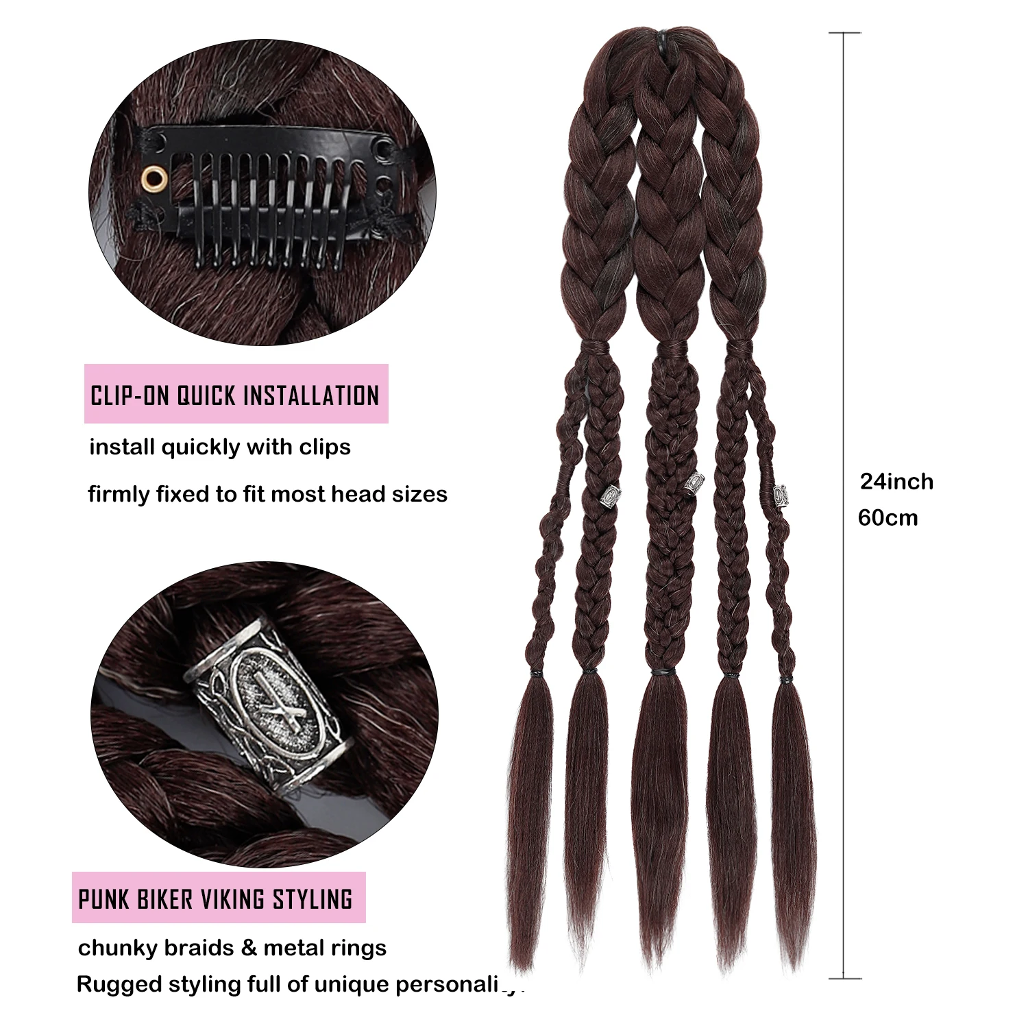 Men Viking Mohawk Wig with 5 Thick Braids Metal Rings Punk Biker  Ponytail Synthetic Hair Wigs Cosplay Daily Rugged Hairstyle