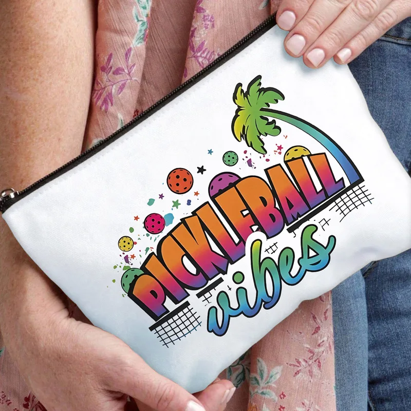 Pickleball Vibes Tropical Palm Print Cosmetic Bag Portable Zipper Makeup Pouch Travel Toiletry Storage Organizer Gift For Sports