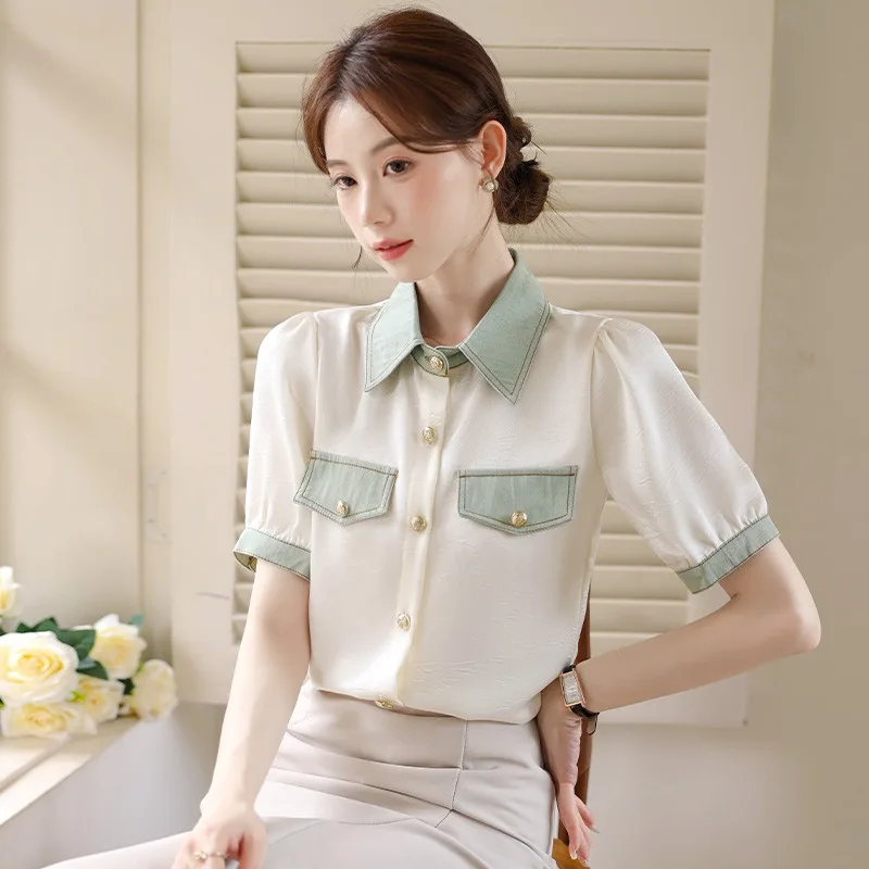 

Vintage Women's Blouses Chiffon Shirts Fashion Loose Summer Polo-neck Korean Clothing Short-sleeved Quilted Women Tops