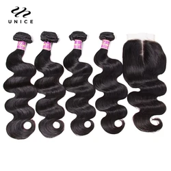 UNice Hair Virgin Human Hair Bundles with Closure Peruvian Body Wave with Closure Human Hair Lace Closure with 2/3/4 PCS Bundles