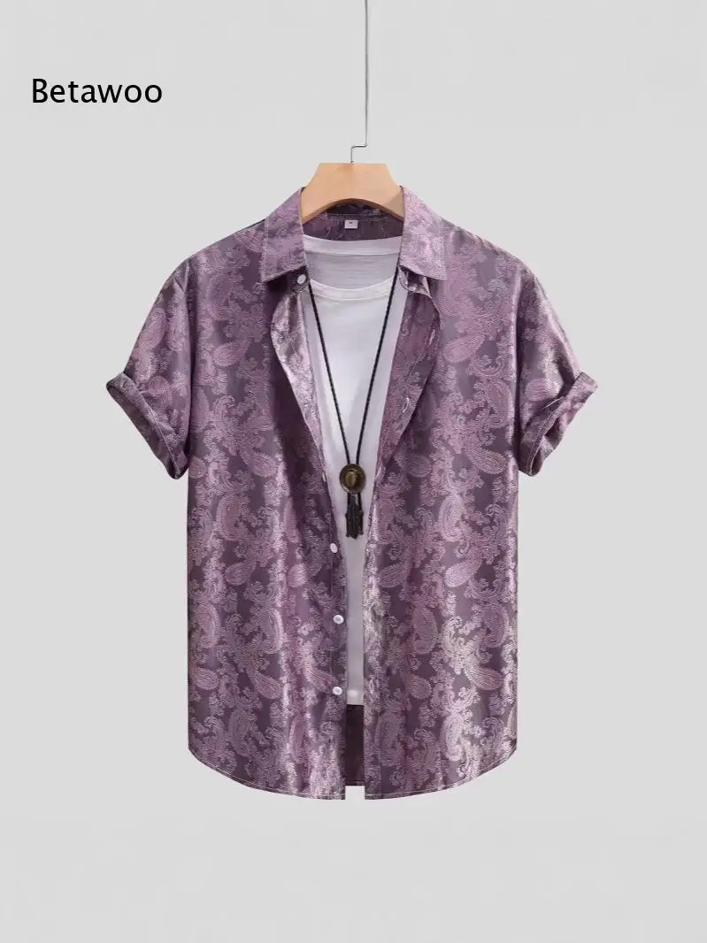 Men Elegant Paisley Printed Short Sleeve Shirt Point Collar Silky Surface Loose Top For Hot Season Party And Gathering Events