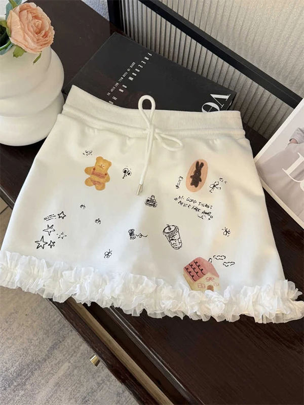 

Sweet fiti Print Ruffle Hem ort Skirt Women's Design Sense Slimming Patchwork Lace Trim Korean Sle High Waist A-Line ...