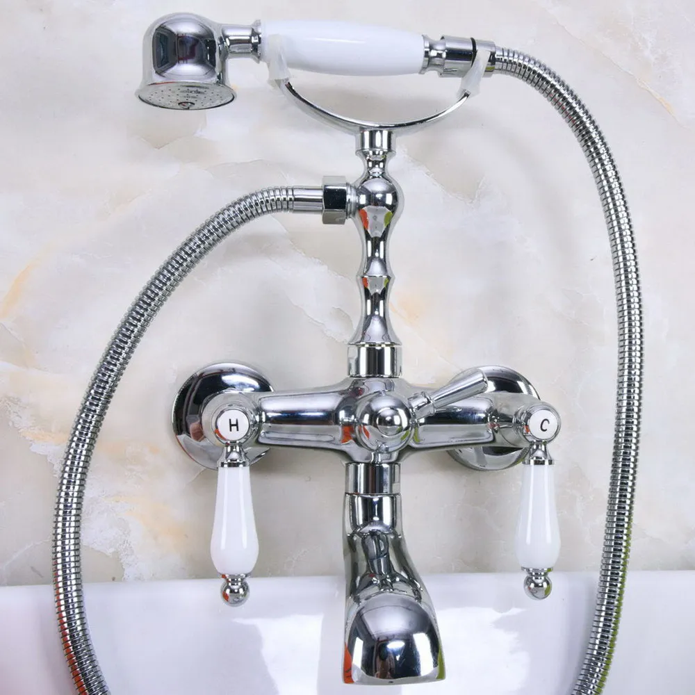 

Polished Chrome Bathtub Faucet Mixer Tap Telephone Style With Sprayer Hand Shower Wall Mount Tub Hot Cold Water Mixer Set tna202