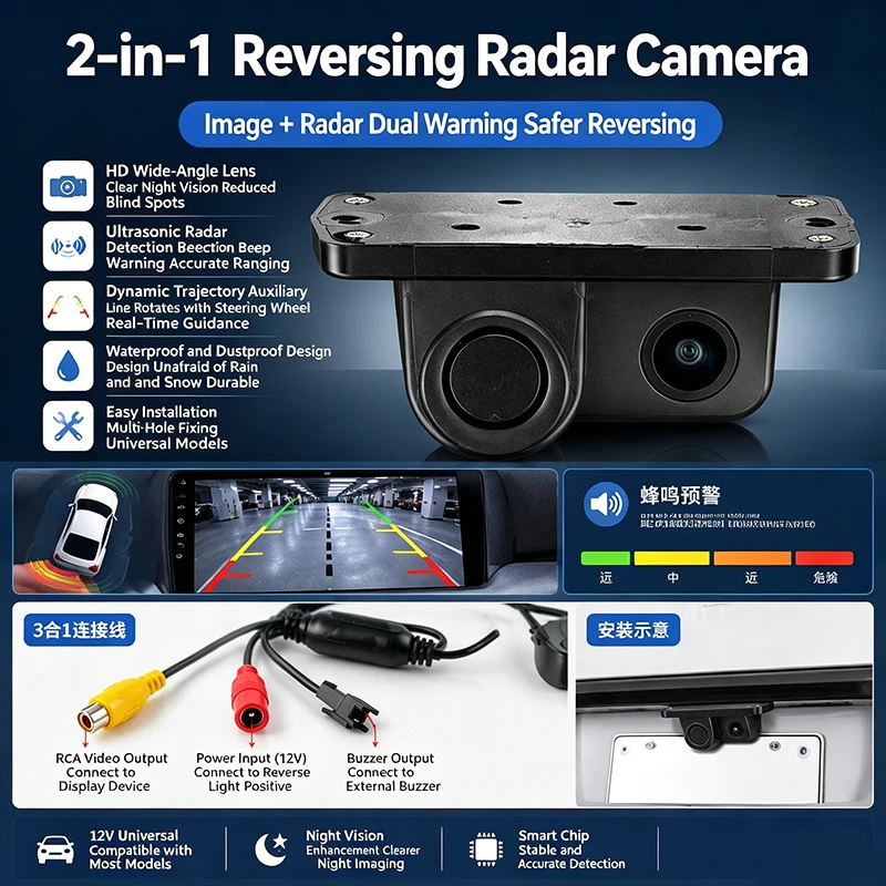 Car Camera Reversing Radar Two-in-One CVBS HD Rear-View Night-View Reversing Image Buzzing