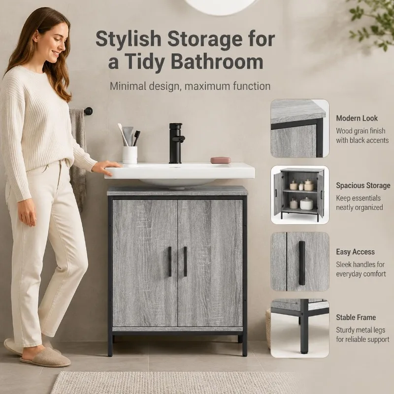 Meuble sous lavabo en acier thermolaqué et bois d'ingénierie 60 x 30 x 60 cm, design peu encombrant, grand espace de rangement pour articles de toilette, salle de bain, avec fixation murale pour lavabo