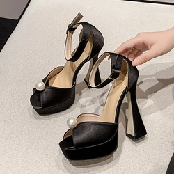 Liyke Brand Fashion White Black Chunky Platform Sandals Women Pearl Design Square Toe Super High Heels Elegant Party Prom Shoes
