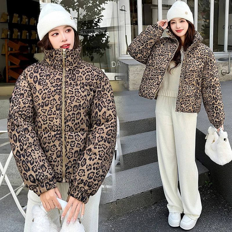 Leopard Print Women's Cotton Jacket Loose Fit Winter Warm Stand Collar Zipper Quilted Padded Crop Y2K Parka Outerwear for Female