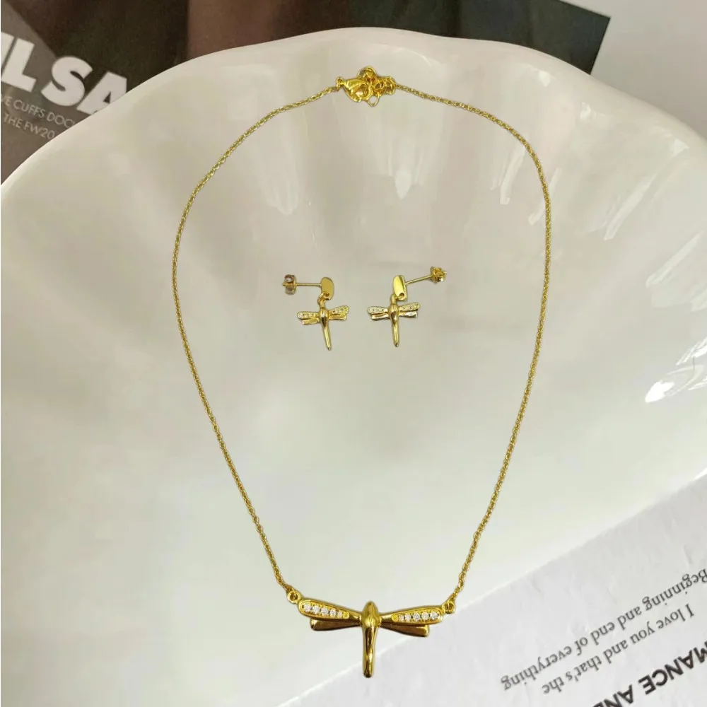 2026 Spain Sparkling Beautiful Gold and Silver Dragonfly Earrings Necklace Jewelry Two Piece Set Date Gift