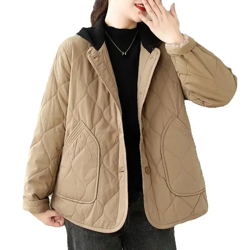 Loose Short Khaki Cotton Coat For Women 2024 New Autumn Winter Jacket   Popular Thin Hooded Casual Warm Outerwear Female Tops