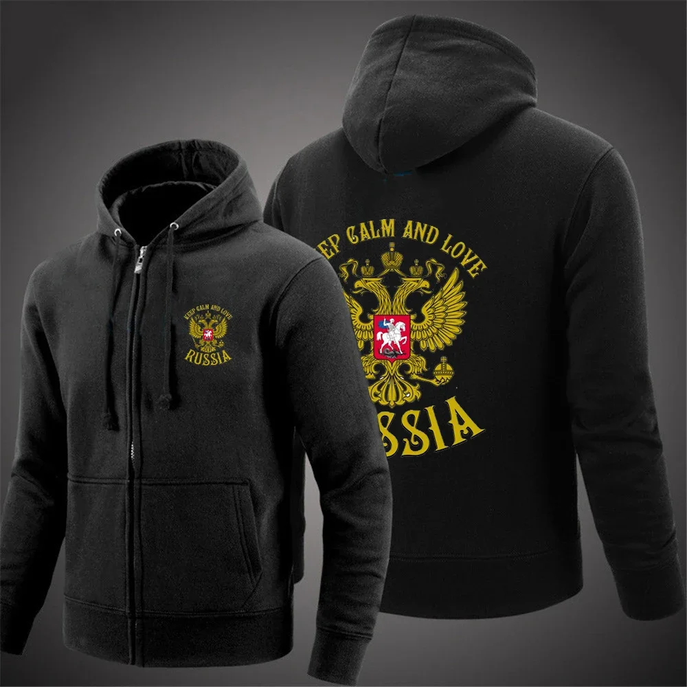 

Russia Badge Gold Eagle Printing Mens Hoodies Autumn Winter Coat Solid Color Zipper Fashion Pullover Sweatshirts Harajuku Tops