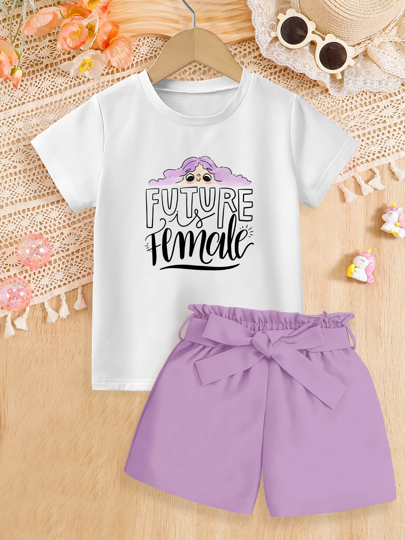 2 pieces: Summer Girls Set Cute Cartoon Purple Hair Girl English Print T-shirt Woven Bow Shorts