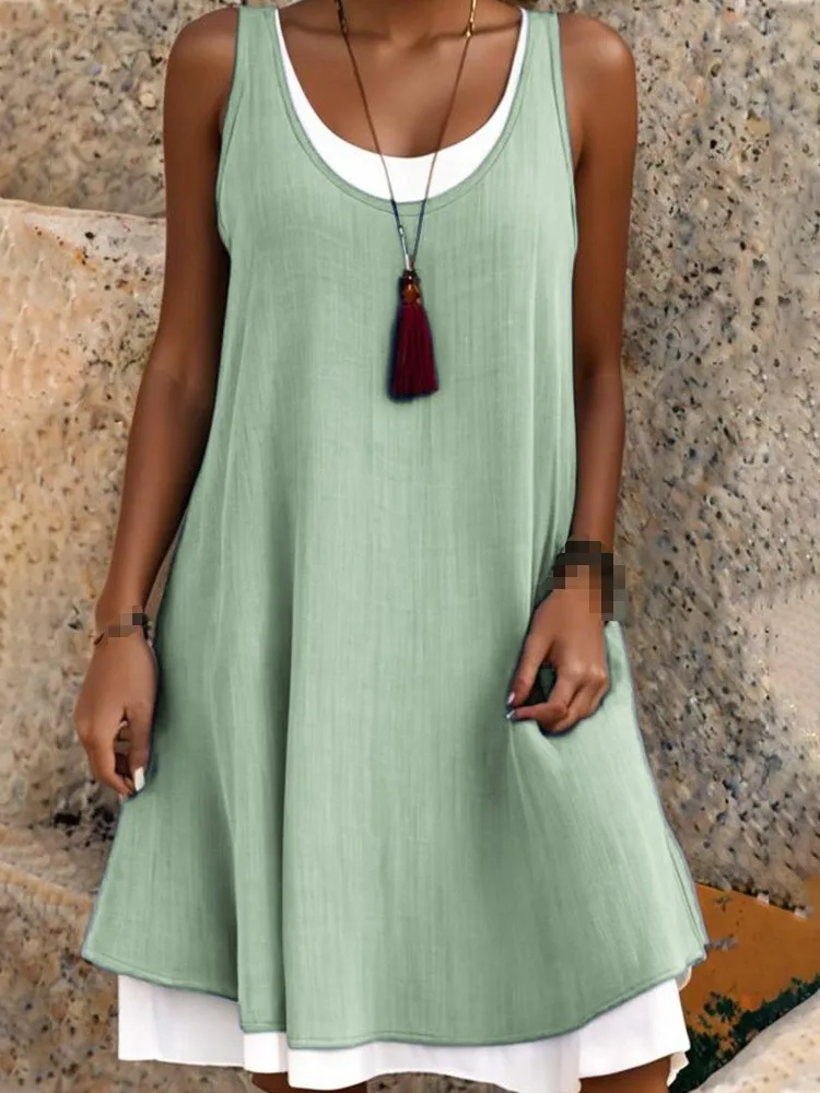Casual Women Green O Neck Dress Summer Fashion Sleeveless Loose Fake Two Piece Elegant Dresses Female Holiday Beach Dress