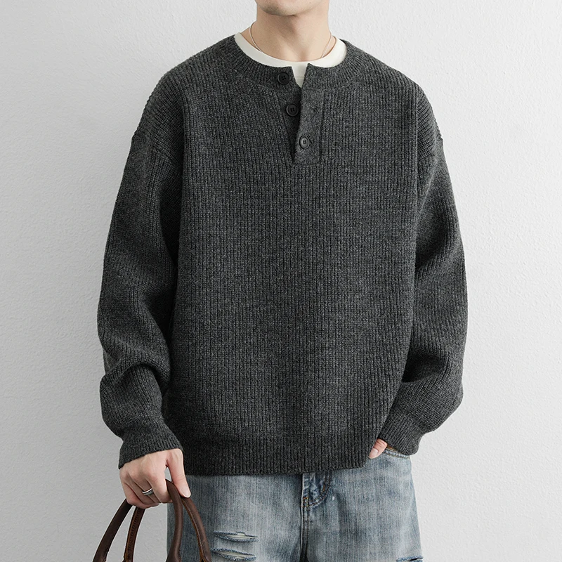 

Men's Thiened Loose Knitted Sweater round Ne Pure Color Casual Sle Comfortable Fit Autumn Winter ential Base irt