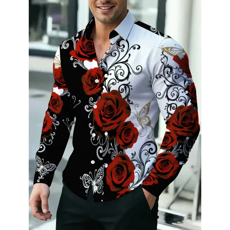 New Black and White Contrasting Red Rose Butterfly Print Men's Long Sleeved Shirt Retro Style Casual Shirt