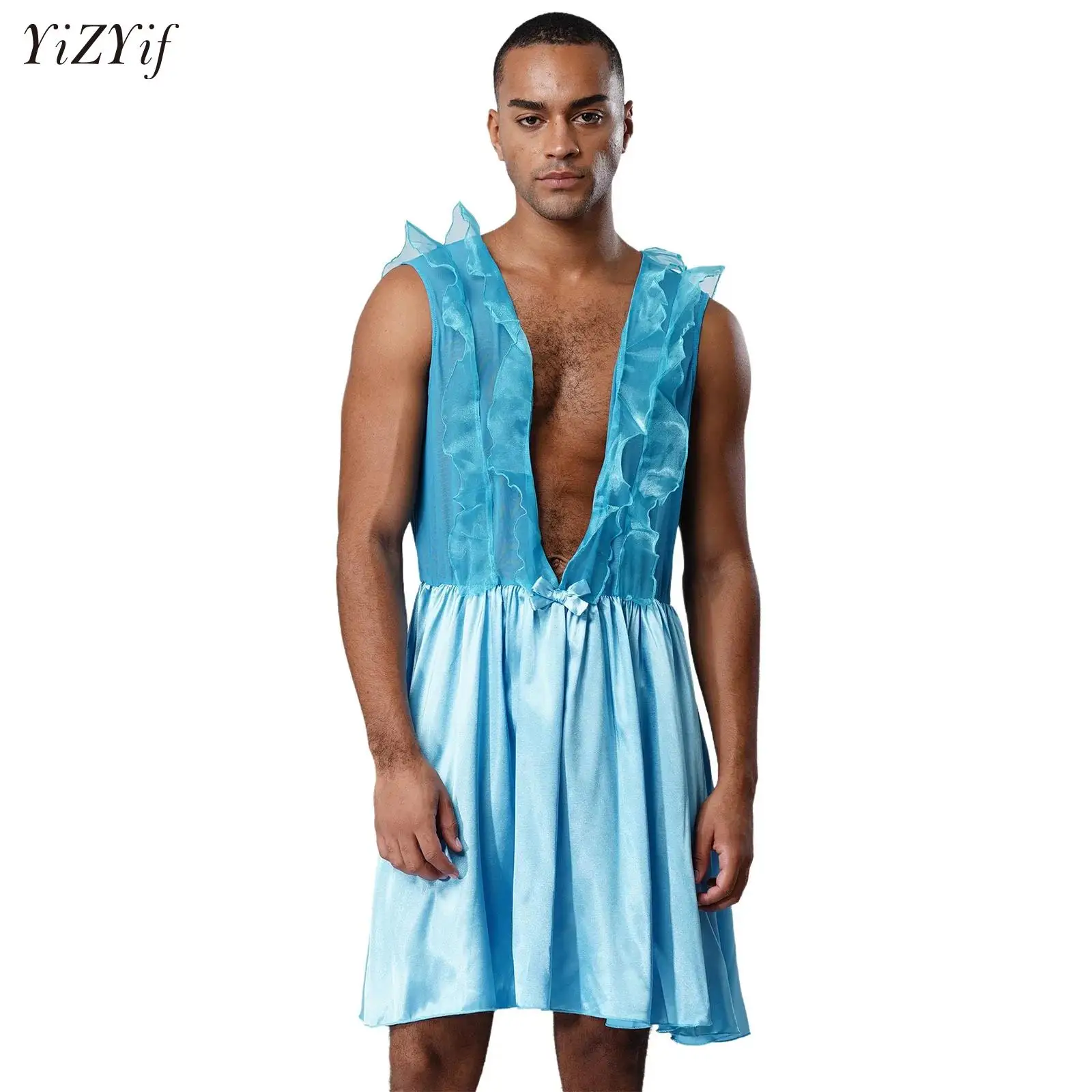 

Mens Crossdressing Dress Shiny Satin Crossdresser Maid Dress Ruffle Sheer Patchwork Sissy Nightwear Underwear Sissy Nightdress