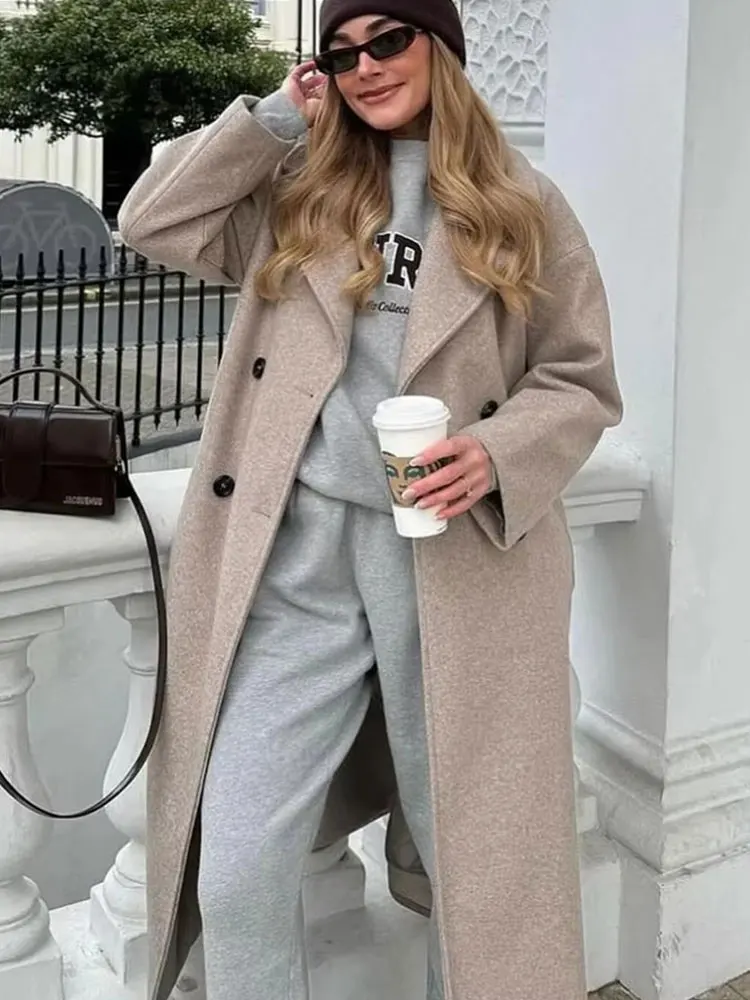 

TRAFZA Women Winter Casual Wool Blend Notched Lapel Collar Coat Chic Double-breasted Trench Coats Oversized Female Long Jackets