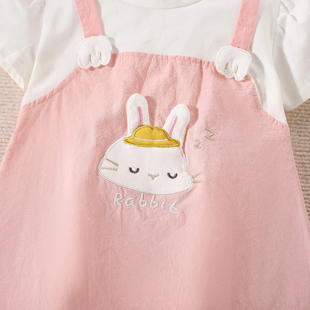 (6-24 Months) Summer New White Short Sleeved Baby Girl Dress, Cartoon Rabbit Children\'S Clothing