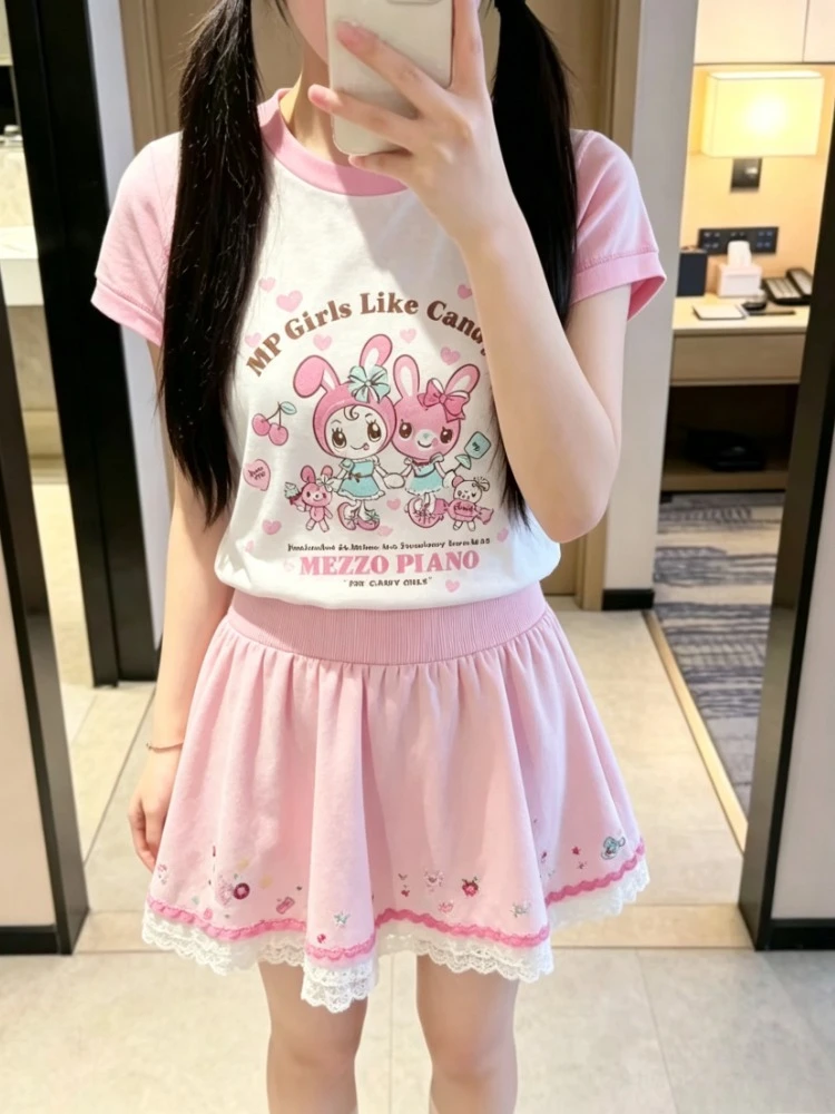 Y2K Sweet Cute Pink Girls Matching Set Cartoon Print Crop T-shirt Lace Mini Skirt Casual Street Daily Outfit