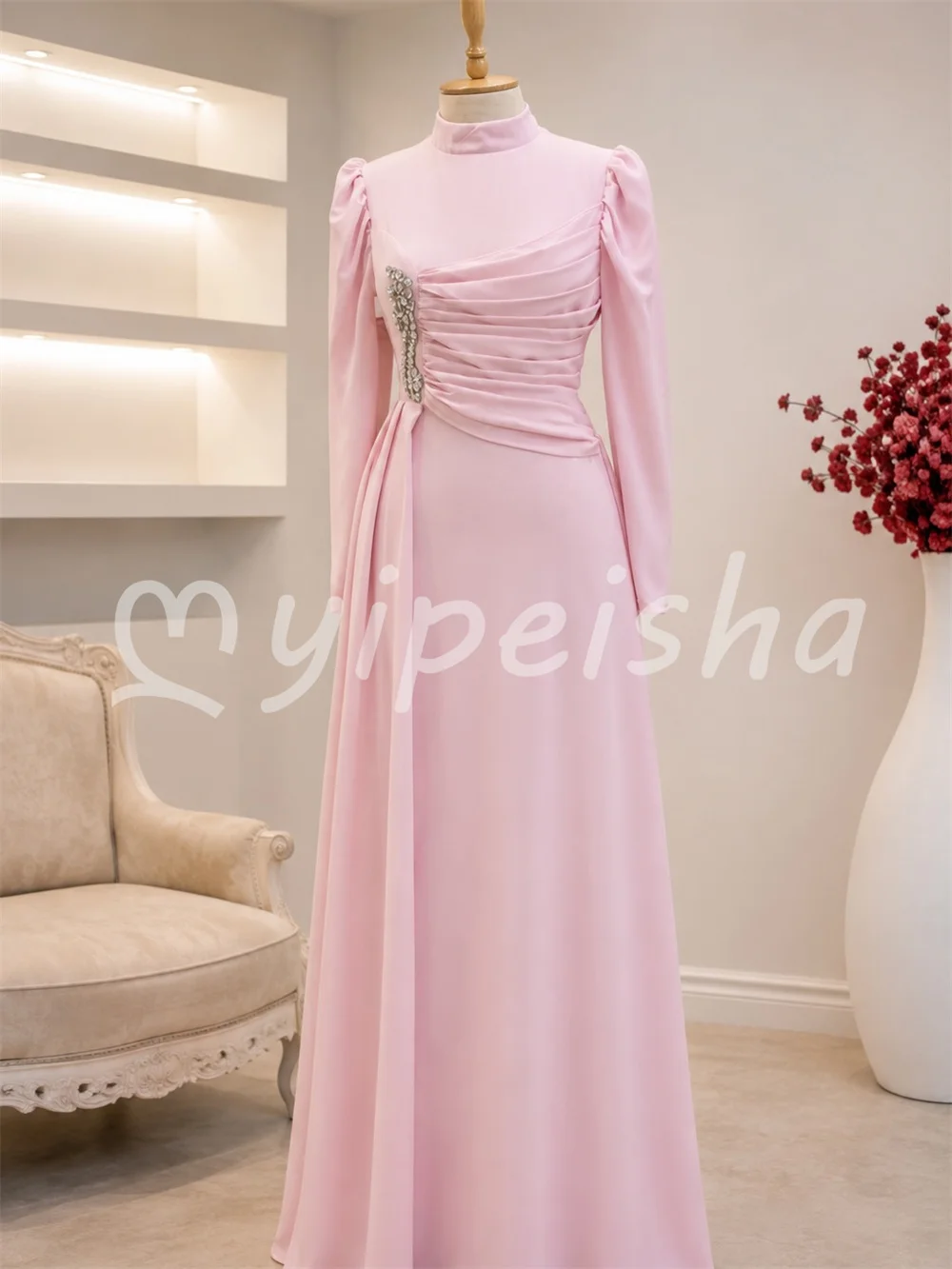 Pink Matching Gentle Jersey Draped Crystal A-line High Collar Women's Floor-Length Evening Dresses Party Gowns Customized