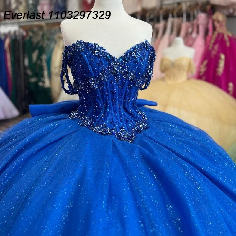 EVLAST-Brilhante Royal Blue Quinceanera Vestido, Vestido de baile, Lace Applique, Beading, Cristais, Espartilho, Doce 15, 16, TQD564