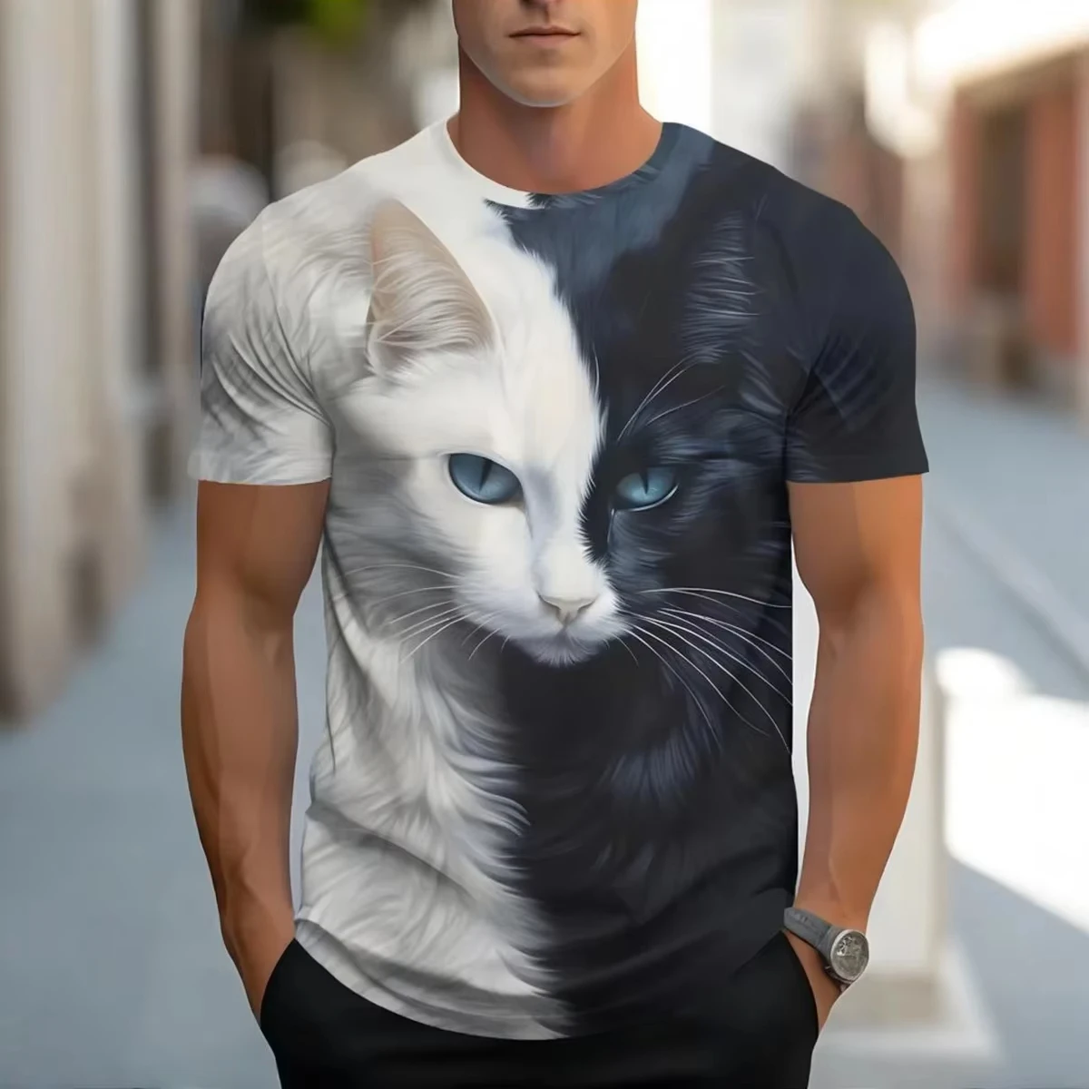 Men Crew Neck Short Sleeve T‑Shirt Cartoon Cat 3D Print Micro‑Elastic Breathable Casual Summer Daily Fashion Tops