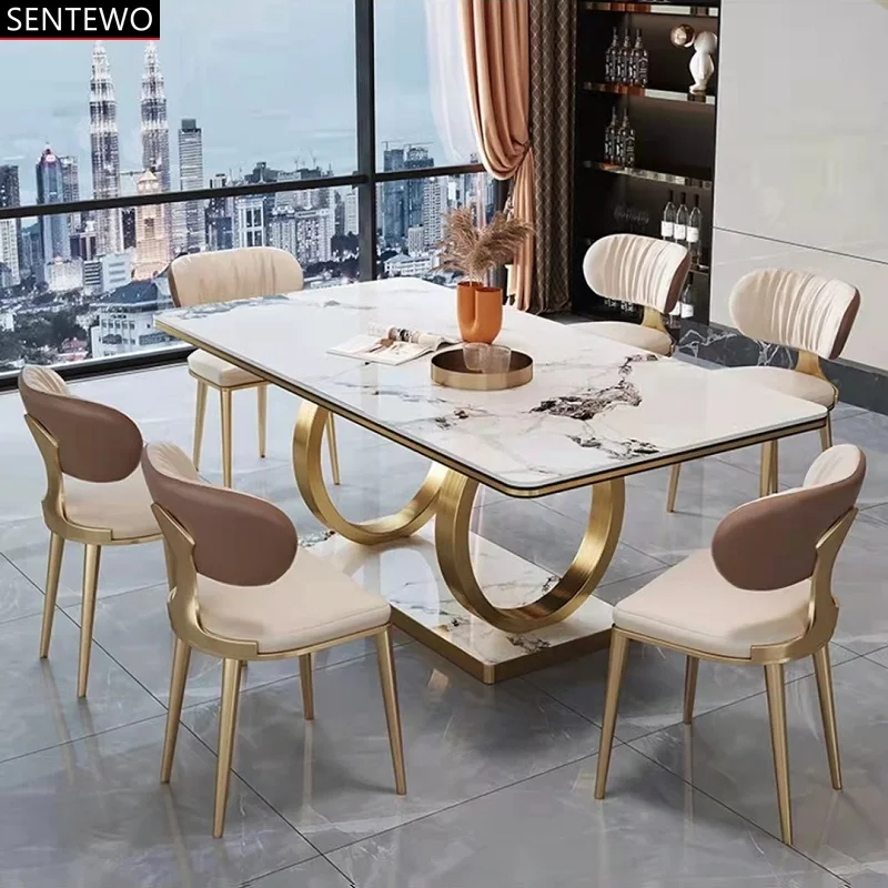 SENTEWO Free Shipping Luxury Rock Plate Dining Table Set 4 Chairs Stainless Steel Base Designer Creative With Stone Top Table