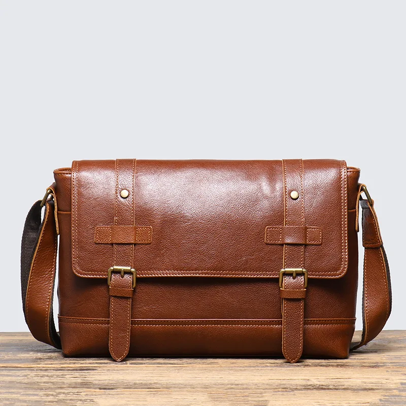 Nesitu High Quality A4 Vintage Brown Coffee Black Genuine Leather Shoulder Men Messenger Bags Cross Body M1005