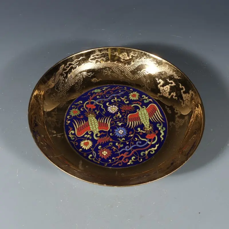 Chinese Qing Dynasty Full Gilded Porcelain Plate Color Enamel Twin Phoenix Dragon Auspicious Cloud Pattern Decorative Dish