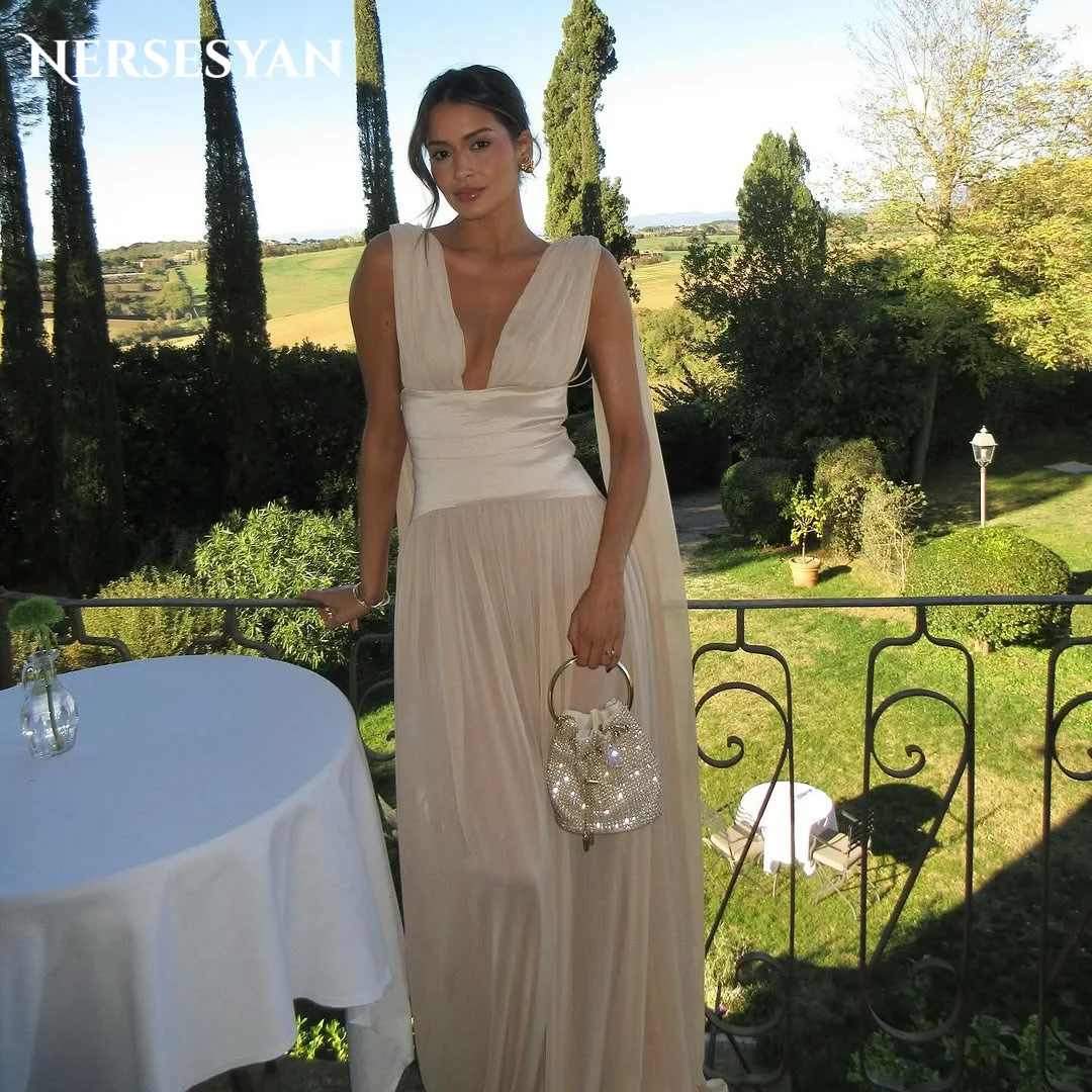 

Nersesyan Elegant Chiffon Prom Dresses Deep V Neck Ribbons Pleated Formal Evening Dress Backless Women Party Gowns Customized