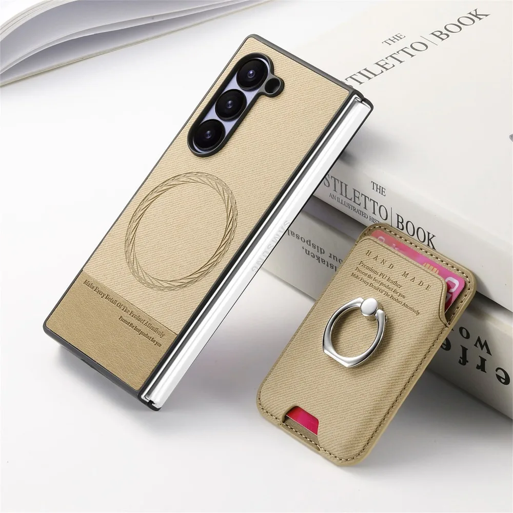 

Чехлы с магнитным держателем для карт для Samsung Galaxy Z Fold7/6/5/4/3, чехол для телефона с кольцевой подставкой, простая кожаная защитная крышка Z Fold7 Fold6