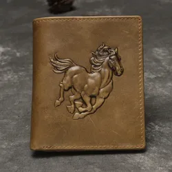 Horse Totem Genuine Leather Men Wallets Zipper Engraving Coin Purse Short Male Money Bag Rfid Walet Card Holder Clutch